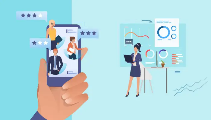 ilustración de móvil y mujer ejecutiva con estadísticas